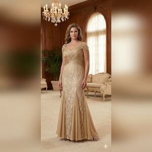 NWT Vintage Landa Champagne Lace & Chiffon Gown With Godet Skirt